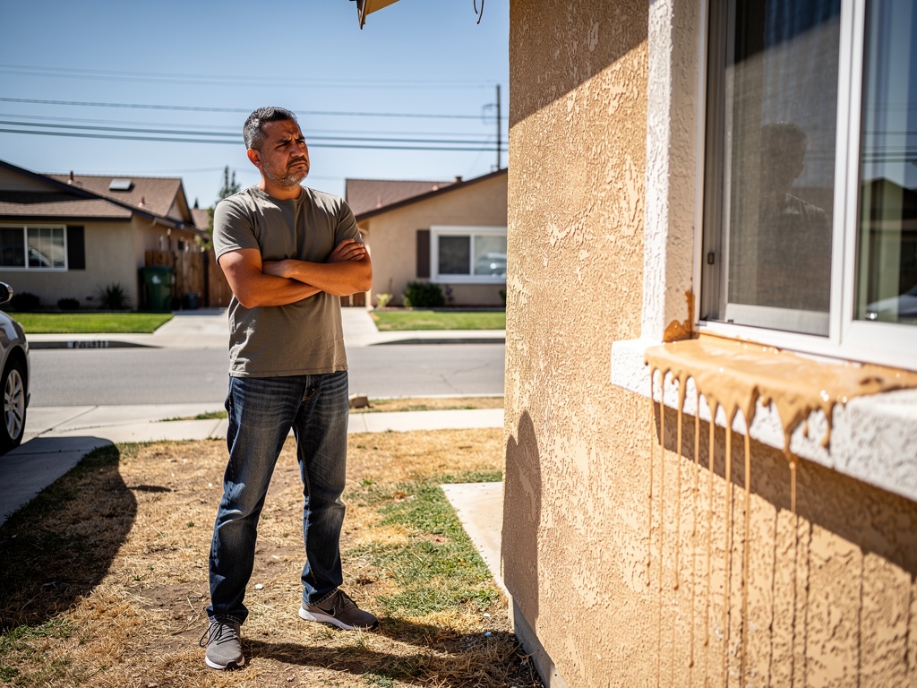 Frustrated homeowner looking at failed paint job on exterior wall