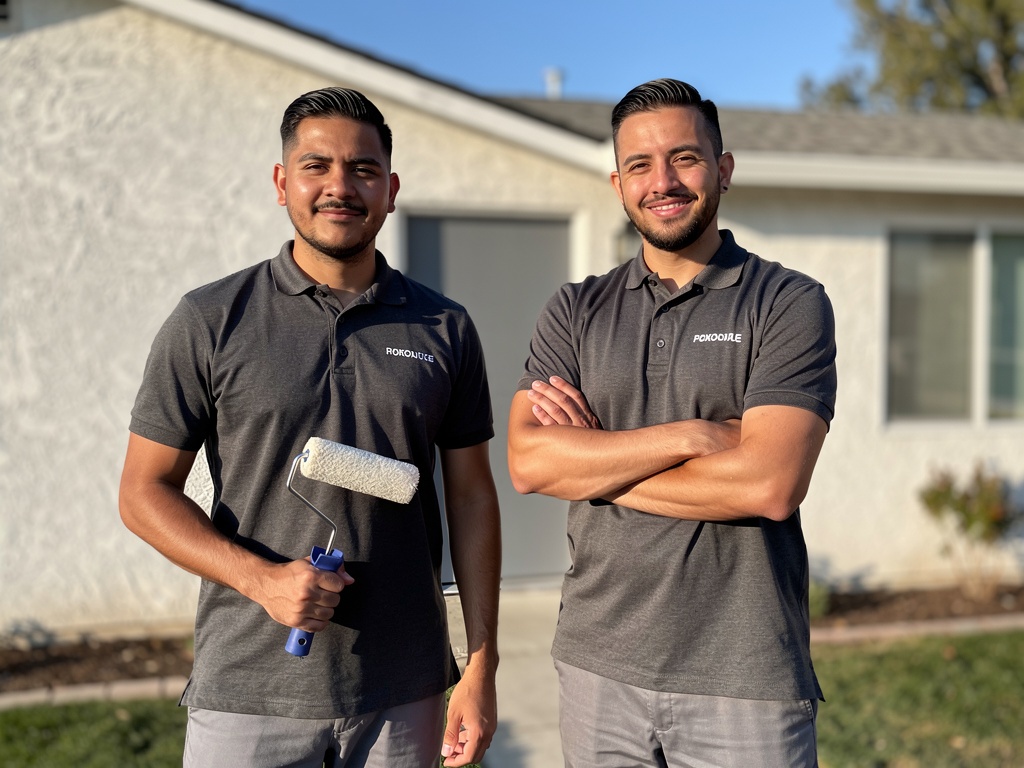 Two Latino painting contractors standing in front of freshly painted home, smiling confidently